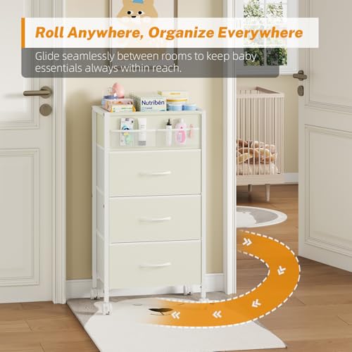 4-Tier Baby Diaper Caddy Organizer Cart with 3 Storage Drawers, Rolling Cart with Dividers & Side Pockets for Nursery, Baby Essentials, Toys, Wipes & Creams, Portable Kids Storage Cart & Station - color: Light Khaki, size: 11.8"D x 16.5"W x 31.9"H (3 Draw