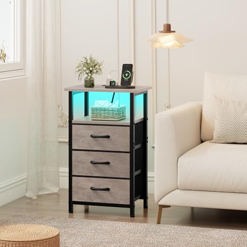 Vagusicc Night Stand with Charging Station, LED Nightstand for Bedroom, Bedside Table with 3 Fabric Drawers, End Table Side Table with USB Ports and Outlets, Bed Side Table for Bedroom, Greige - color: Greige, size: 1 Piece, style: With LEDs