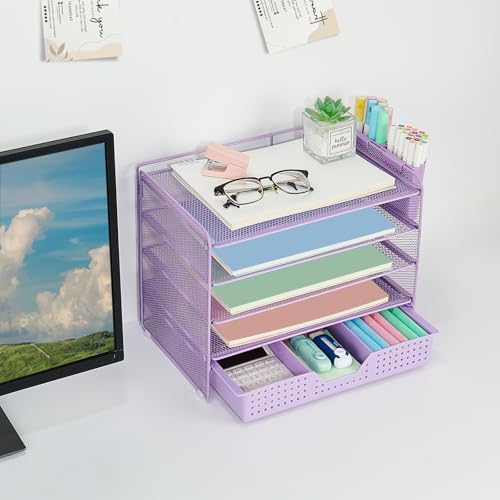 LEKETREE Desk Organizers and Accessories, 5-Tier Paper Letter Tray Organizer with Drawer & 2 Pen Holders, Desktop Organizer for Office Supplies (Purple) - color: Purple, size: 12" x 8" x 10"