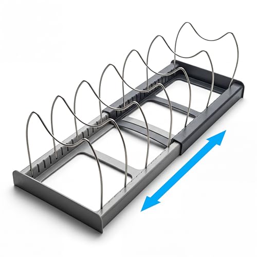 OMIO Expandable Pot Lid Organizer Rack for Under Cabinet, Adjustable 12"-22" Kitchen Storage with 7 Steel Dividers, Scratch-Resistant ABS Base for Pans, Cutting Boards, Bakeware, Grey - color: Deep Grey & Light Gray