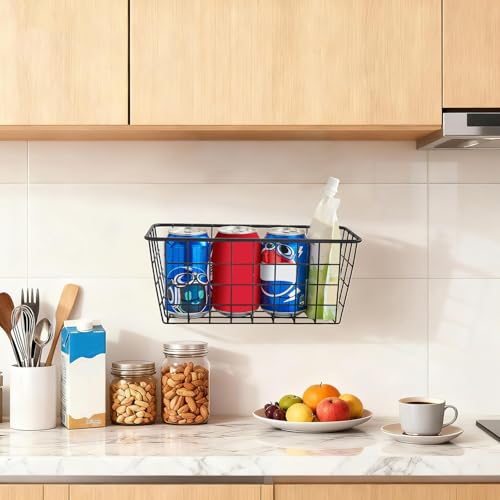 3 Set LeleCAT Adhesive Over the Cabinet Door Wire Baskets for Organizing for Kitchen Food Pantry Bathroom Shelf Storage No Drilling Wall Mounted,Black - color: Black, size: 3 PACK