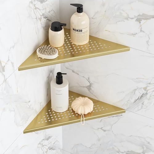 Qeke Corner Shower Shelves, 10” Recessed Tile Shower Shelf Brushed Golden, 304 Stainless Steel Grout in Corner Tile Shower Shelves, No Drilling, 2 Pack - color: Brushed Golden, size: 10"- 2 Pack