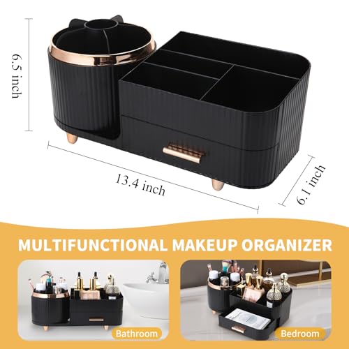 Makeup Organizer Countertop with Drawer 360 Rotating Brush Holder Storage Large Capacity Skincare Cosmetic Display Cases for Vanity Bathroom Desktop, Model 3016 Black - color: Black