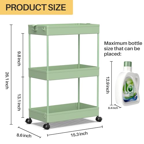 SPACEKEEPER Green 3-Tier Rolling Storage Cart, Bathroom & Kitchen Organizer, Modern Plastic Frame, Adjustable Shelves - color: Green, size: 3 Tier