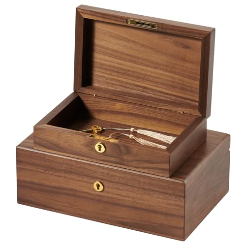 Walnut Storage Boxes with Locking Lid Set of 2 Decorative Solid Wood Storage Baskets Lockable Vintage Wooden Memory Box Chests for Keepsakes Photos Jewelry Desktop Organizer Container