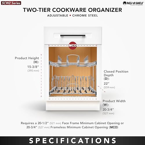 Rev-A-Shelf 2-Tier Kitchen Cabinet Pullout 20.75" Cabinet Organizer for Pots, Pans, and Lid Cookware, Adjustable Heavy Duty Wire, Chrome, 5CW2-2122-CR - size: 21 in.