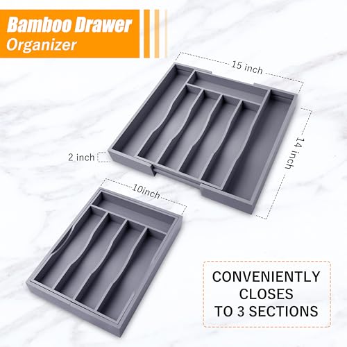 Kitchen Silverware Drawer Organizer and Storage Bamboo Wood Cooking Utensil Holder Cutlery Knife Jewelry Spice Rack Spoon Fork Multi Cabinet Organization Bathroom Counter Expandable Adjustable Tray - color: Gray, size: 7 Slots Expandable