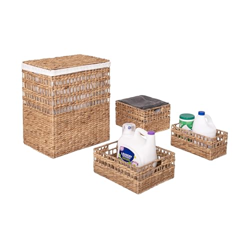 Seville Classics Premium Natural Handwoven Portable Laundry Bin Basket with Carrying Handles, Household Storage for Clothes, Linens, Sheets, Rattan, 3-Piece Hamper Set - color: Natural Water Hyacinth, size: 4-Piece Hamper Set