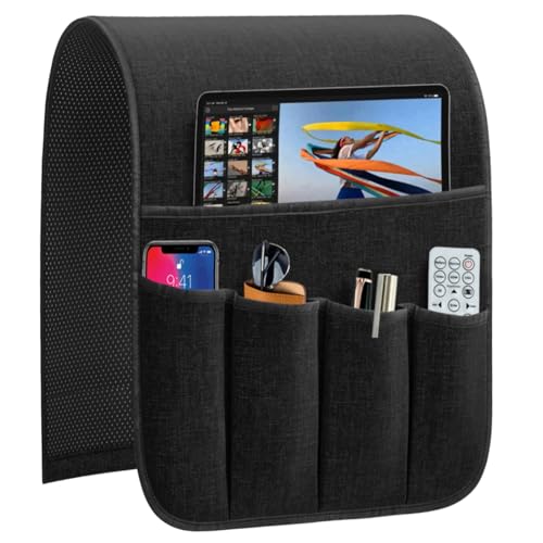 Armrest Organizer Non Slip Remote Control Holder Arm Chair Couch Caddy For Recliner Sofa Bedside With 5 Pocket Storage for Tablet Phone iPad (Black, W13" x L33") - color: Black, size: W13" x L33"