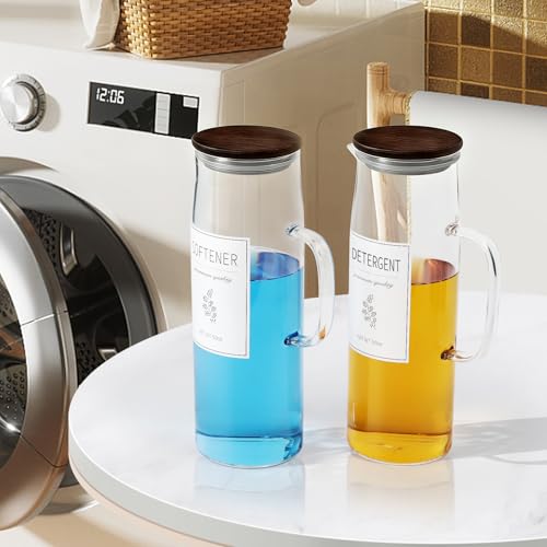 Laundry Detergent Dispenser Set with Bamboo Lids and Handles - Easy Pour 2 Pack 50 oz Liquid Laundry Containers for Laundry Room Organization and Decor - color: Brown bamboo lid