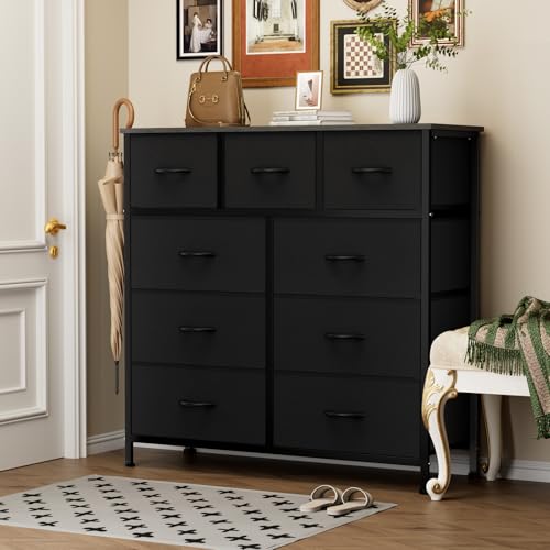 Sweetcrispy 9-Drawer Fabric Dresser Storage Tower with Wood Top and Steel Frame, Organizer Chest with Easy Pull Handles for Bedroom, Closet, Hallway,Classic Black - color: Black, size: 11.8"D x 39.6"W x 39.8"H (9 Drawers)