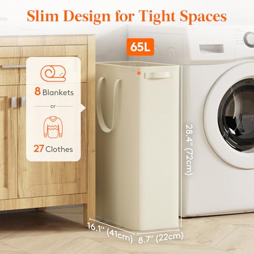 Lifewit 2 Pack Slim Laundry Hamper, Collapsible Narrow Laundry Basket, Small Tall Dirty Clothes Hampers with Handles for Bathroom Bedroom College Dorm, White, 65L - color: White