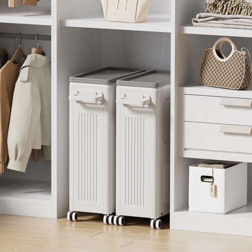 HAIXIN HOME Slim Laundry Hamper with Lid, 50L Plastic Tall Laundry Basket with Wheels, Compact Size for Narrow Space, Rolling Laundry Cart with Handle for Easy Transport to Laundry Room - color: Milky, size: 50L - 1 Pack