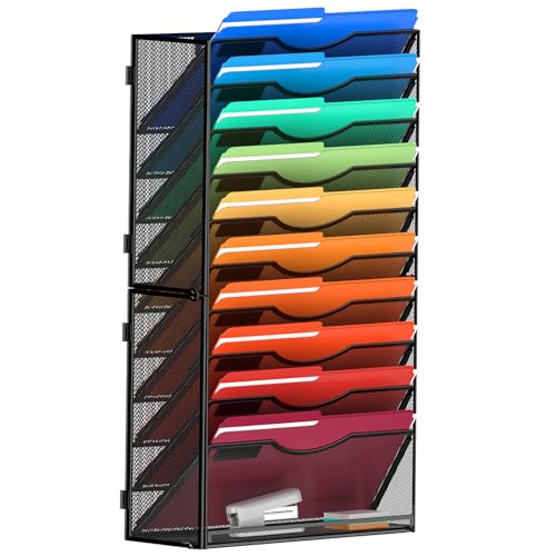 MINDEPOT 11 Tier Wall File Holder Hanging Wall Mount Paper File Organizer for Mails Folders Document Magazine Organization, for Office School Home, Black - size: 11Tier