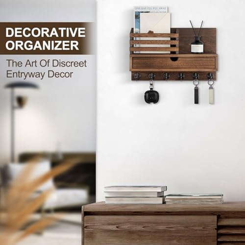 Key Holder Wall Mount, Mail Holder with Storage Drawer and 6 Key Hooks for Coat, Dog Leash, Home Decor Rack, House Accessories, Entry Way Organizer - color: Brown, size: Large - 13.8 Inch