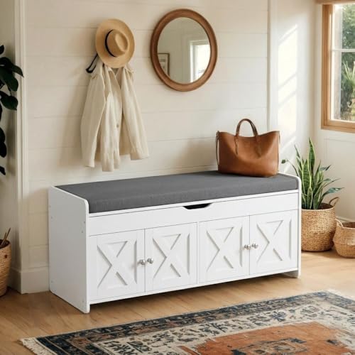 Pipishell 2-Tier Shoe Storage Bench with Cushioned Seat, Entryway Bench with Adjustable Shelf & Barn Doors, 300 lbs Capacity, 47.2" W x 15" D x 18" H, for Entryway, Bedroom, Living Room, White - color: White, size: 4 doors- 47.2" W x 15" D x 18" H