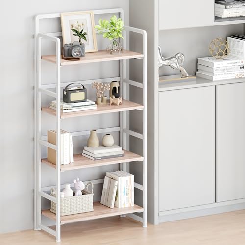No Assembly Folding Bookshelf, 4 Tiers Collapsible Book Shelf for Home Office, Vintage Wood Foldable Bookcase Storage Organizer for Living Room Bedroom (Beige) - color: Beige, size: 4-tier