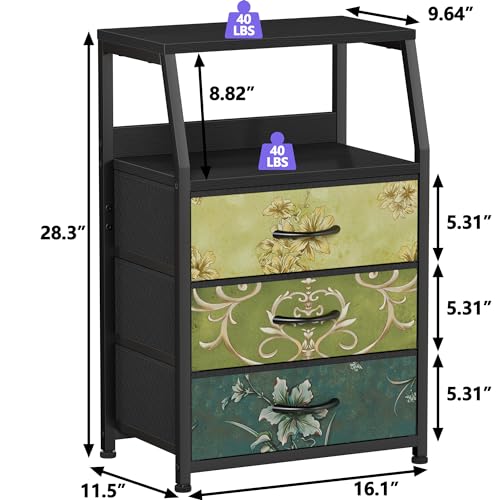 Furnulem Retro Night Stand with 3 Drawers and 2-Tier Shelf, Small Nightstand Side Table, Vintage Storage Dresser for Bedroom, Fabric Drawer Organizer for Closet, Beside Furniture - color: Vintage Floral, style: 3 Drawers