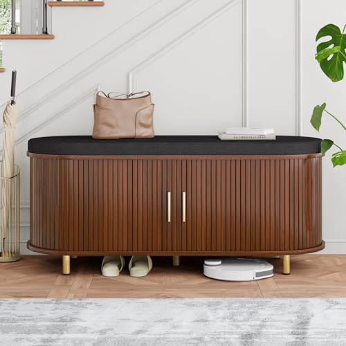 DHH 2-Tier Storage Bench,Wide Shoe Bench with Thickened Padded Seat Cushion, Mid Century Modern Fluted Sliding Door and Adjustable Shelf, for Entryway, Living Room, Bedroom (Walnut, 43.3“) - color: Walnut, size: 43.3 inch