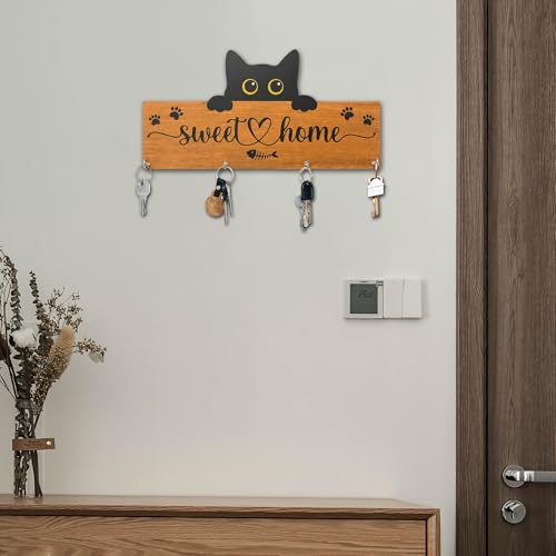 Cat Sweet Home Wooden Key Holder for Wall - 5"x10" Key Organizer Hanger with 4 Hooks for Front Door Hallway Entryway Kitchen - Home Office Decor & Housewarming Gifts Supplies - A07 - color: Cat Sweet Home