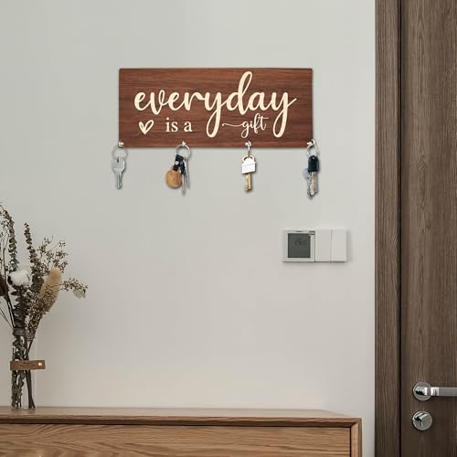 Everyday is A Gift Wooden Key Holder for Wall - 5"x10" Key Organizer Hanger with 4 Hooks for Home Front Door Hallway Entryway Kitchen - Home Office Decor & Housewarming Gifts Supplies - A04 - color: Everyday Is A Gift