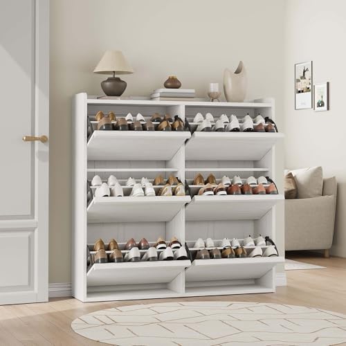 GarveeHome Shoe Cabinet with 6 Flip Drawers, Wooden Shoe Organizer Cabinet with Adjustable Shelf, Shoe Storage for Entryway, Hidden Shoe Cabinet for Hallway, Living Room, White - color: White, size: 6-Drawers