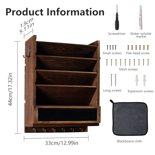 Rustic wall mail organizer,Key and Mail File Holder for Wall Mount，with 6 Key Hooks 2 Double Key Hooks A blackboard,for Home,Office, Classroom,Entryway Decor (brown) - color: brown