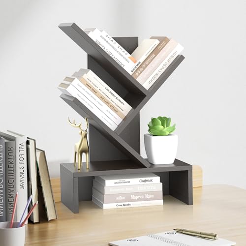 Godferyxin Small Bookshelf with Drawer for Desk,Compact Wood Book Organizer for Home Office, Bedroom, or School, 4-Tier Mini Bookcase with Storage for Decor - color: 4-tier-black Coffee