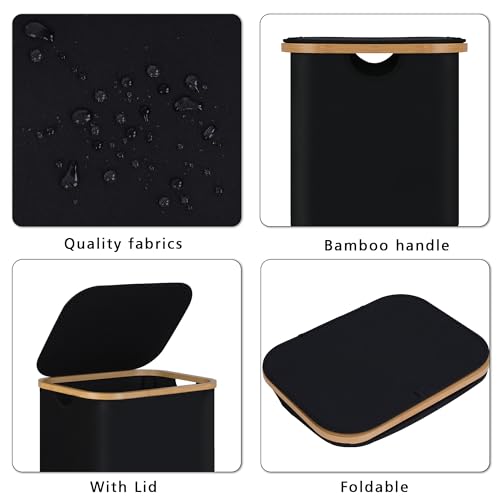 100L Laundry Hamper with Lid, Lagre Basket with Bamboo Handles,Foldable Clothes Hamper Tall Dirty Laundry Basket for Clothes Toys Towels Organizing,Black - color: Black, size: 100L with lid