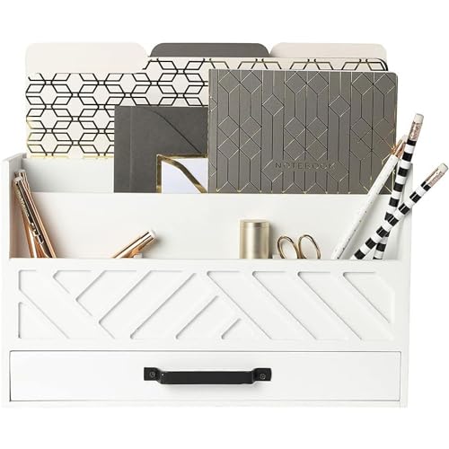 BLU MONACO | Wooden Mail Organizer with Drawer | Mail Organizer Wood Desktop Storage | Tabletop Organizer with Drawers White Farmhouse Desk Sorter - color: White