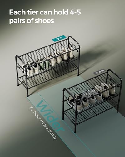 SONGMICS Shoe Rack, 3-Tier Shoe Organizer, Metal Shoe Shelf Storage with 4 Side Hooks, Holds 16 Pairs of Shoes, Height-Adjustable Shoe Rack for Entryway, Hallway, Closet, Ink Black ULMR138B01 - color: Ink Black, size: 3 Tiers (33.5"W)
