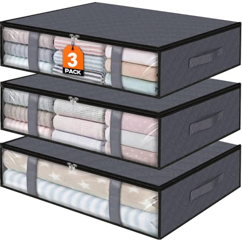 StorageRight Under Bed Storage Bags 3 Pack, 40L Large Clothes & Comforter Storage Containers with Clear Window, Breathable Fabric Organizer for Blankets, Bedding, Seasonal Clothing - color: Gray, size: 3 Pack