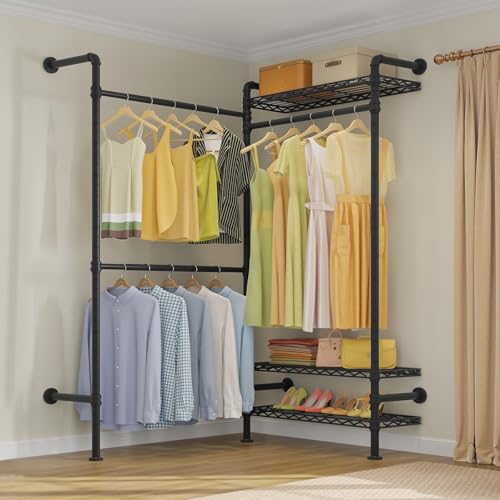 Timate L2 Wall Mounted Clothes Rack Industrial Pipe Clothing Rack for Hanging Clothes, Adjustable Expandable Garment Rack Heavy Duty Closet Organizer, Black Mounted Storage Industrial Closet System - color: Black