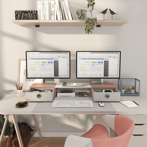 WESTREE Dual Monitor Stand Riser with Two Drawers, Extra Large Storage Monitor Stand for 2 Monitors, Desktop Oraganizer Stand for Computer,Laptop,Screen,Printer,TV - color: Pink