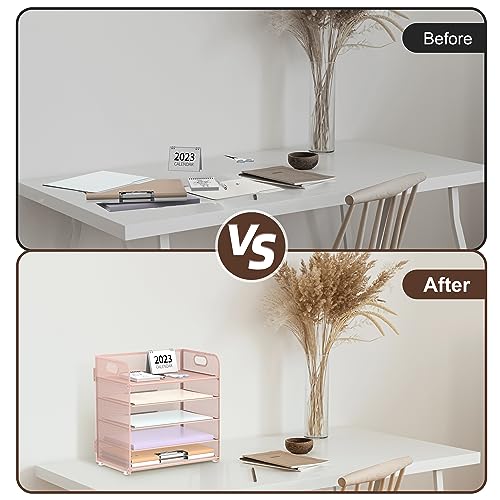 Supeasy 5 Trays Paper Organizer Letter Tray with Handle-Mesh Desk File Holders, Paper Sorter Desk Organizer for Office, Home, Classroom or School, Pink - color: Pink