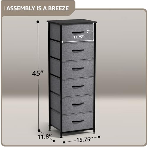 Sorbus Fabric Dresser for Kids Bedroom - Chest of 6 Drawers, Tall Storage Tower, Clothing Organizer, for Closet, for Playroom, for Nursery, Steel Frame, Fabric Bins - Wood Handle (Greige) - color: Black, style: 6 Drawer