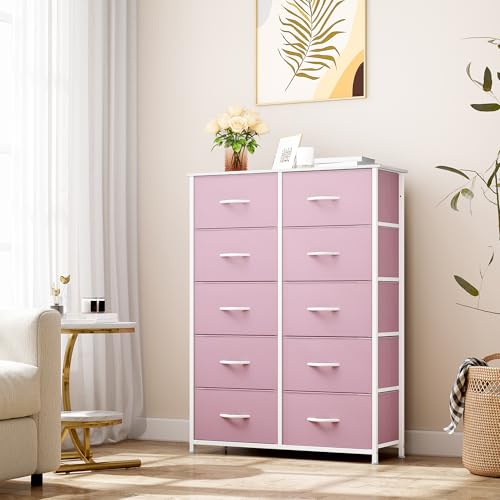 YITAHOME 10 Drawer Dresser - Fabric Storage Tower, Organizer Unit for Bedroom, Living Room, Hallway, Closets - Sturdy Steel Frame, Wooden Top & Easy Pull Fabric Bins, Pink - color: Pink, style: 10-Drawer