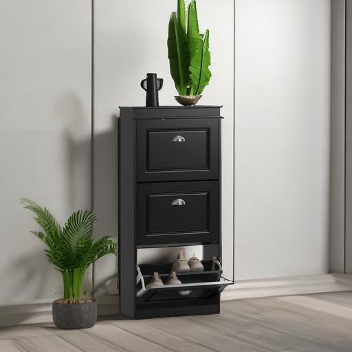 Haotian FSR94-SCH, Black Shoe Cabinet with 3 Flip Drawers, Freestanding Shoe Rack, Shoe Storage Rack(9.4" D x 20.9" W x 46.1" H) - color: Black, size: 3 Drawers:20.8x9.4x46"