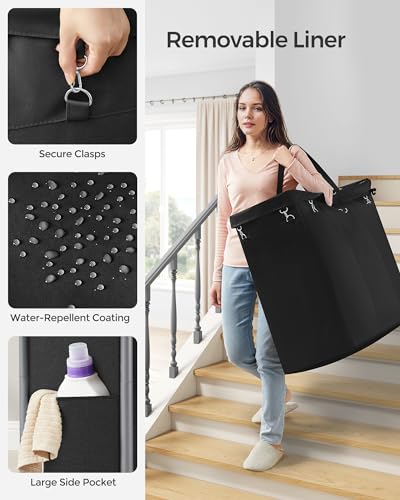 SONGMICS Laundry Basket with Wheels, 3-Section Rolling Laundry Hamper, 52.8 Gallons (200 L), Removable Liner, Steel Frame with Handle, 35.8 x 15.4 x 31.9 Inches, Ink Black URLS005B01 - color: Ink Black, size: 200 L (3-Section), style: Rectangular with han