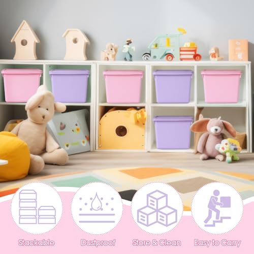 Potchen 6 Pack Cute Plastic Storage Bins with Lids Decorative Stackable Storage Boxes 9.8" ×7.3" ×5.7" Small Storing Totes for Organizing Craft Office Supplies (Pink,Purple) - color: Pink, Purple