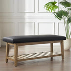 Zihanhome Entryway Bench, PU Leather Upholstered Shoe Benches for Bedroom, Ottoman Bench with Solid Wood Shelf, Storage Bench for Hallway, Living Room(Black) - color: Black