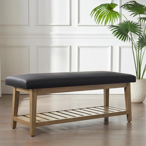 Zihanhome Entryway Bench, PU Leather Upholstered Shoe Benches for Bedroom, Ottoman Bench with Solid Wood Shelf, Storage Bench for Hallway, Living Room(Black) - color: Black