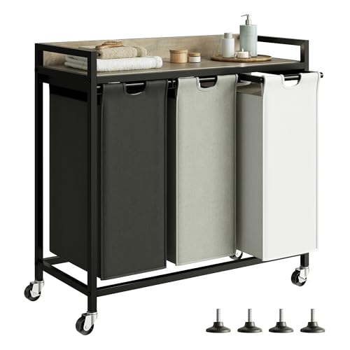Herture Laundry Hampers with Shelf, Laundry Basket 3 Section, Laundry Sorter with Pull-Out Removable Large 3 Color Bags and Movable Wheels, Metal Frame, 3 x 15.87 Gallons (60L), Greige PF04XLZ - color: Greige + 3-Color, size: 3 Bags-180 L