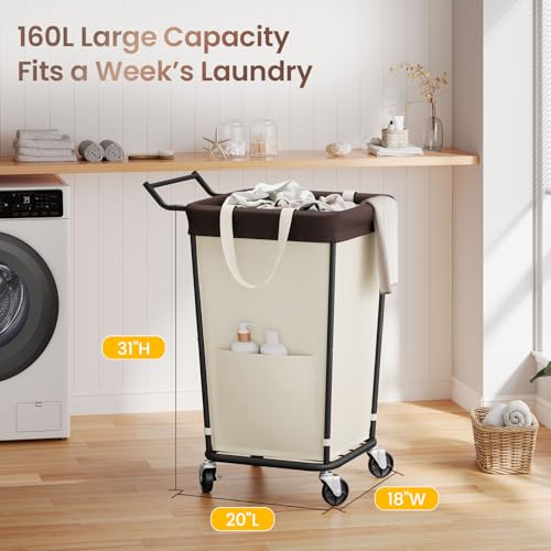 160L Laundry Hamper with Wheels and Handle, 2-Section Rolling Hamper for Laundry, Large Laundry Basket with Wheels, Rolling Laundry Basket Clothes Hamper for Home, Bathroom and Dorm(Beige) - color: Beige-2 Section with Handle, size: 160L