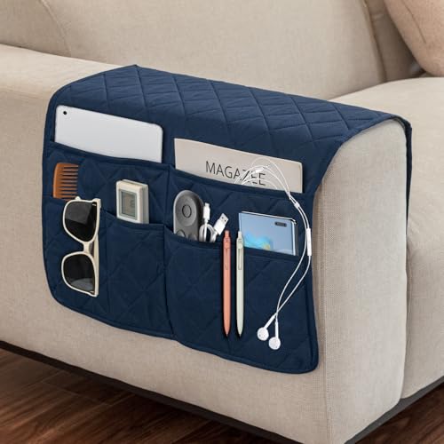 Remote Control Holder for Recliner,Non Slip Armchair Caddy,Sofa Armrest Storage Organizer for Recliner Couch With 6 Pockets for TV Remote,Cell Phone,Magazine - color: Navy