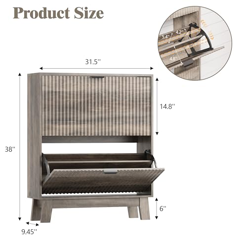 HUANLEGO Shoe Cabinet Storage for Entryway with 2 Flip Drawers, Fluted Narrow Shoe Organizer with Wooden Legs, Freestanding Slim Shoe Storage Hidden Shoe Rack Organizer for Front Door Entrance, Grey - color: Grey, size: 2 Drawer