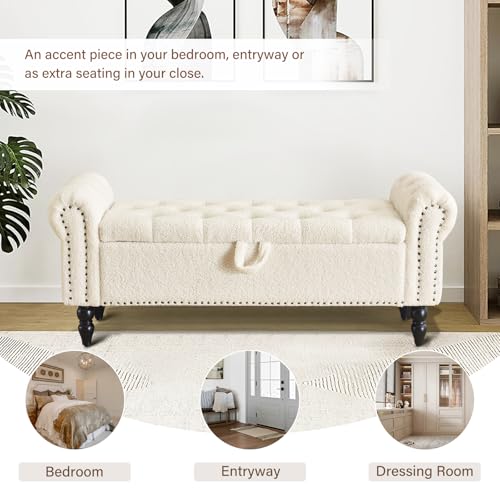 Furnimart Storage Ottoman Bench for Queen Size Bed, Faux Fur Upholstered Storage Bench Accent Bench with Rolled Arms for Bedroom,Living Room, Entryway, 2.5Cubic Feet - color: Faux Fur White
