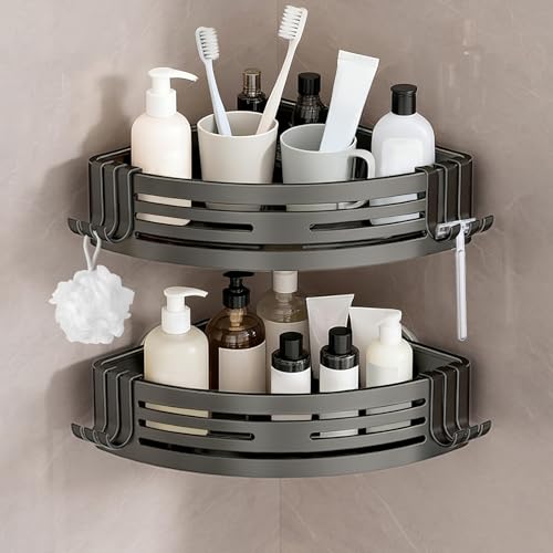 Conworld Corner Shower Caddy Suction Cups, Corner Shower Shelf for Inside Shower, Organizer Suction for Bathrooms Storage, No-Drilling Removable (Aluminum, 2-Pack, Gunmetal Gray) - style: Gunmetal Gray
