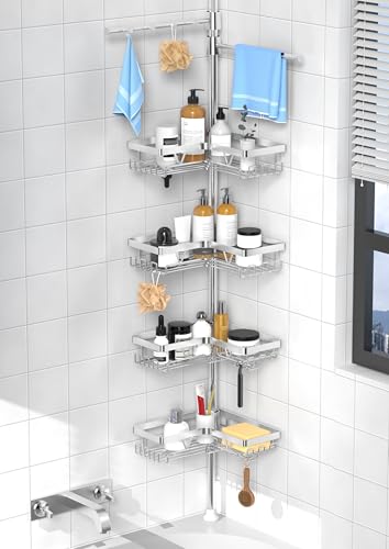 KEGII Shower Caddy Tension Pole with 2 Towel Bars, Adjustable Corner Bathroom Organizer, Rustproof Bathtub Storage Shelves for Shampoo, 25–114.2 Inch Shower Rack for Renters & Family, Silver - style: Shower Caddy with Towel Bar - Brushed Silver