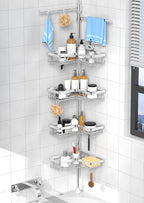 KEGII Shower Caddy Tension Pole with 2 Towel Bars, Adjustable Corner Bathroom Organizer, Rustproof Bathtub Storage Shelves for Shampoo, 25–114.2 Inch Shower Rack for Renters & Family, Silver - style: Shower Caddy with Towel Bar - Brushed Silver